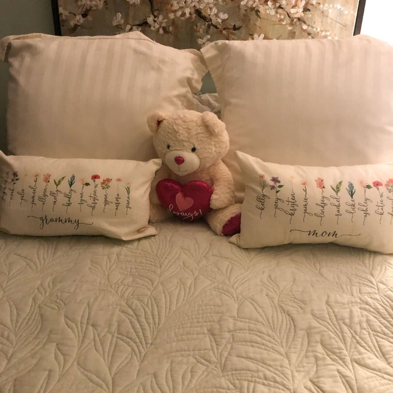 Personalized Grandparents Pillow Case With Grandkids Names & Birth Month Flowers
