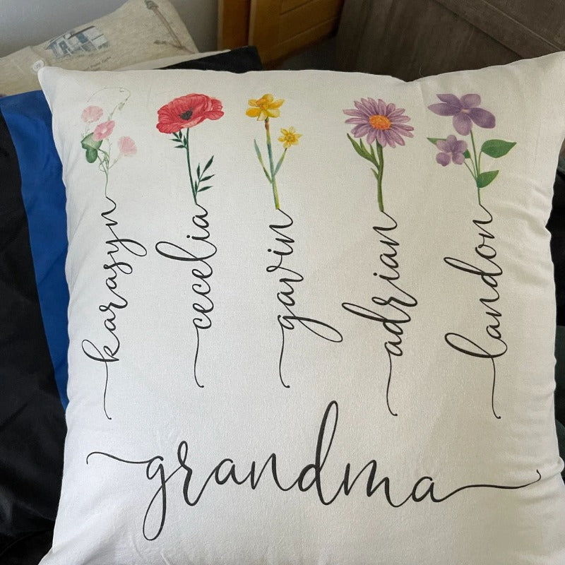 Personalized Grandparents Pillow Case With Grandkids Names & Birth Month Flowers