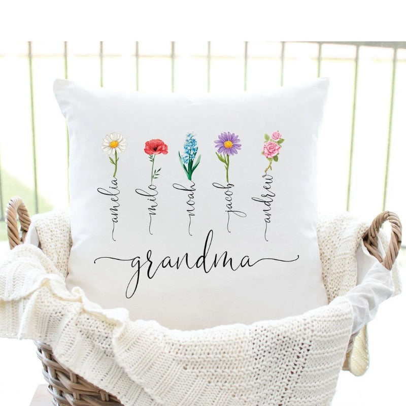 Personalized Grandparents Pillow Case With Grandkids Names & Birth Month Flowers