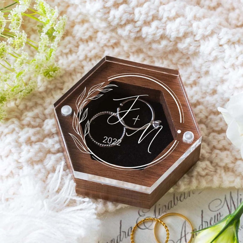 Personalized Hexagon Wooden Ring Box With Acrylic Lid, Wedding Ring Box