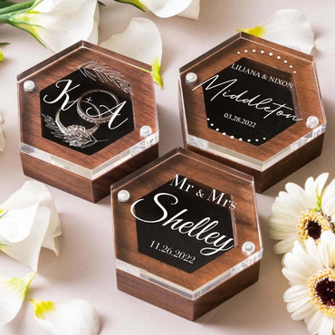 Personalized Hexagon Wooden Ring Box With Acrylic Lid, Wedding Ring Box