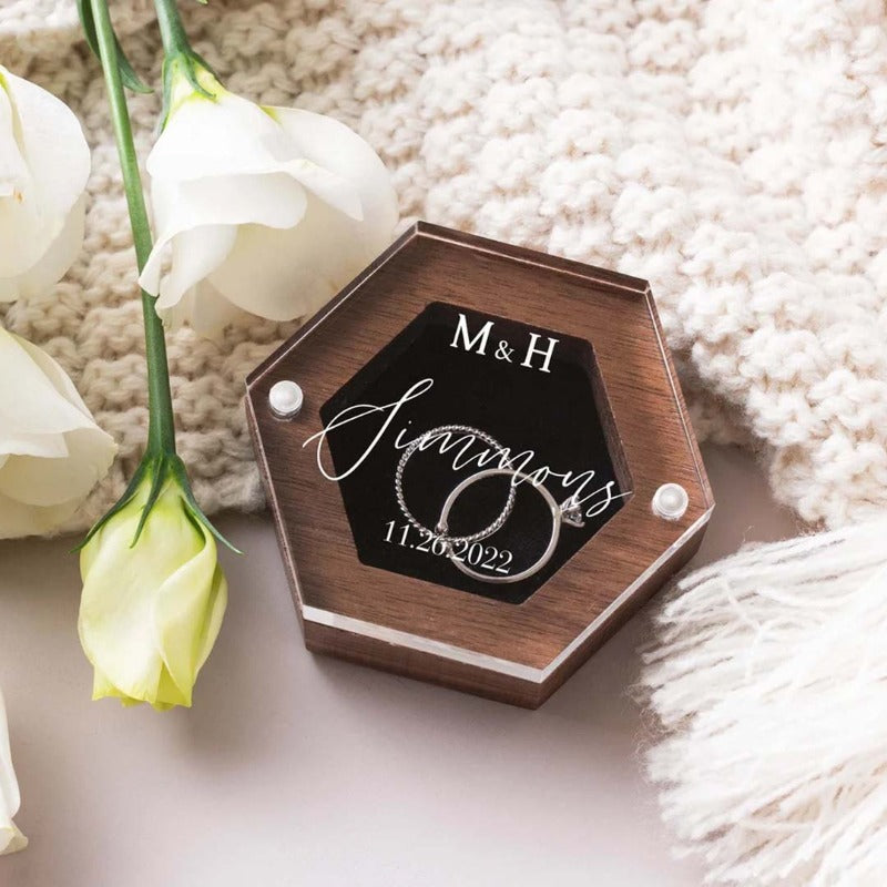 Personalized Hexagon Wooden Ring Box With Acrylic Lid, Wedding Ring Box