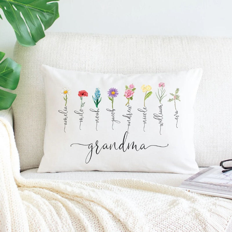 Personalized Grandparents Pillow Case With Grandkids Names & Birth Month Flowers