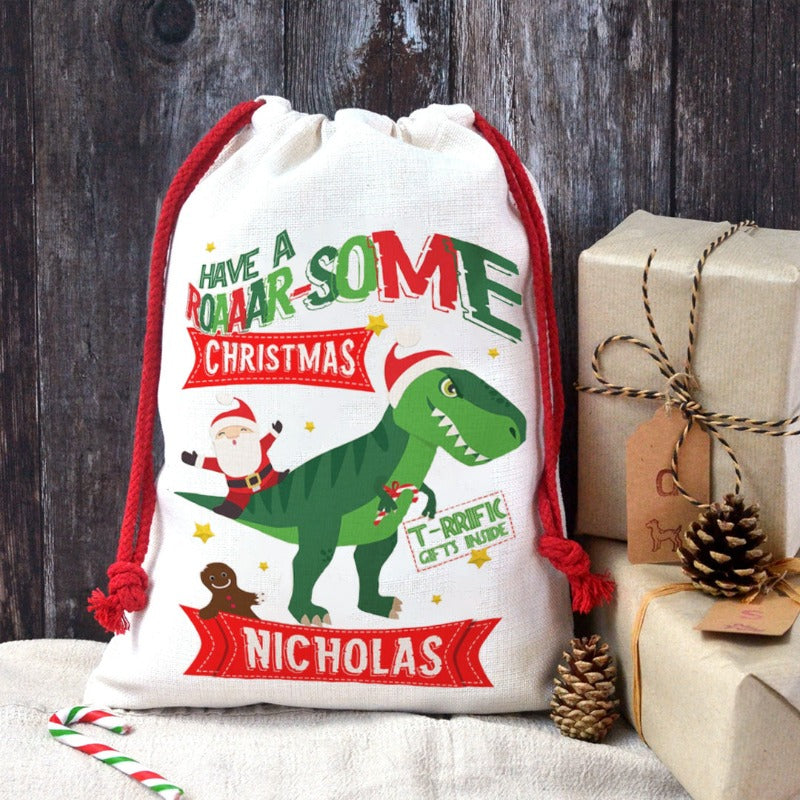 Personalized Dinosaur Christmas Sack, Christmas Gift For Kids