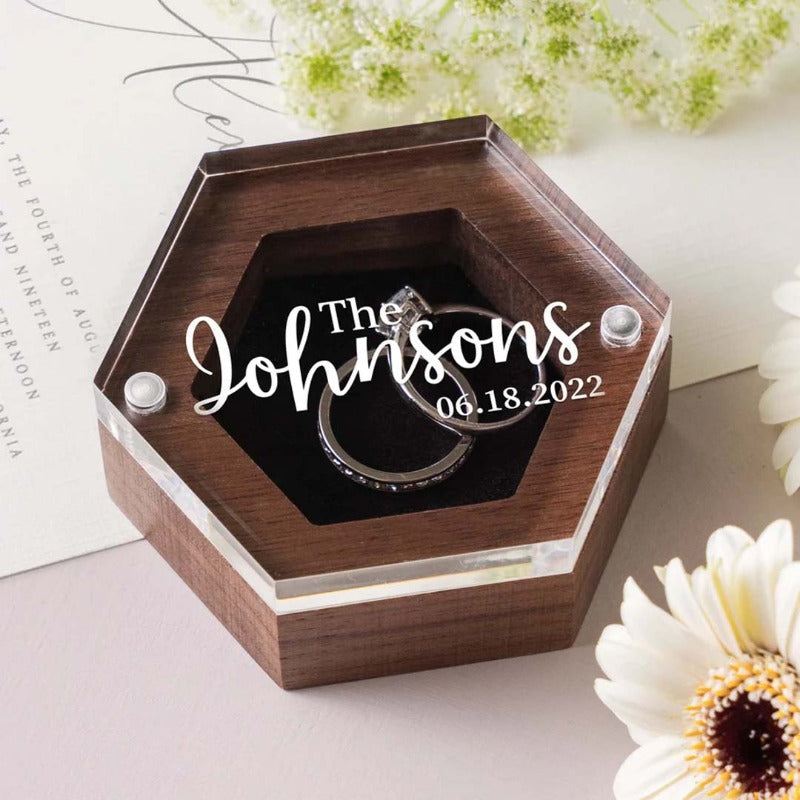 Personalized Hexagon Wooden Ring Box With Acrylic Lid, Wedding Ring Box