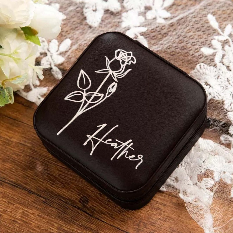 Personalized Name Birth Flower Jewelry Travel Boxes, Travel Case for Bridesmaids