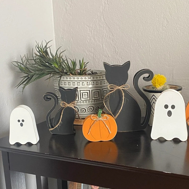 Wooden Cat Halloween Table Decoration